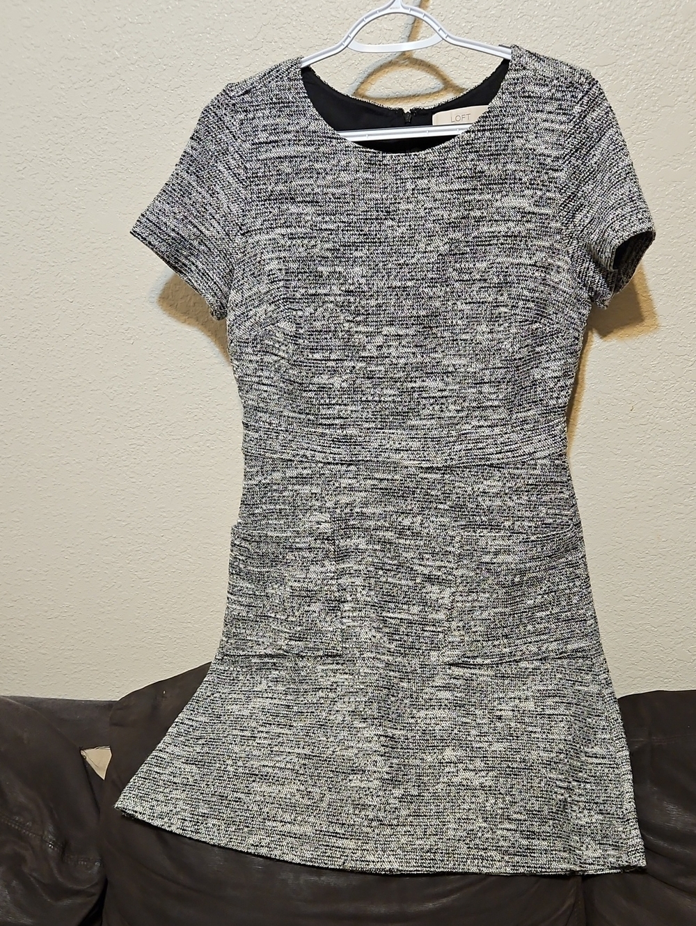 LOFT Black and White Textured Fit-and-Flare Midi Dress